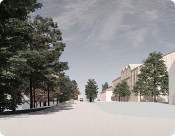 Skiss på nya Strandenskolan från Älvgatan.