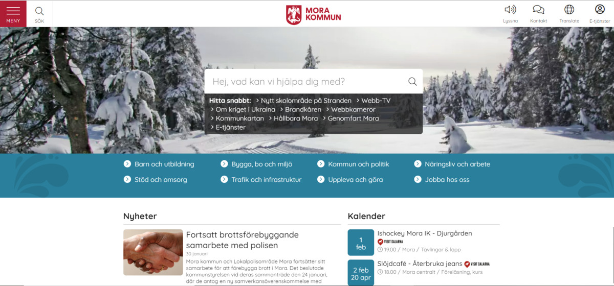 Startsidan på Mora kommuns webbplats morakommun.se