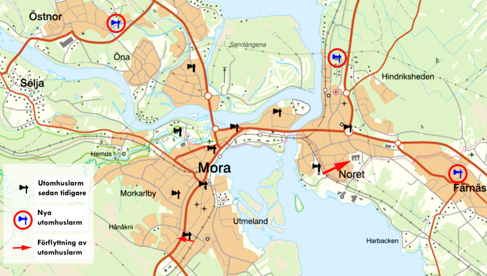 Karta över Moras befintliga och planerade utomhuslarm