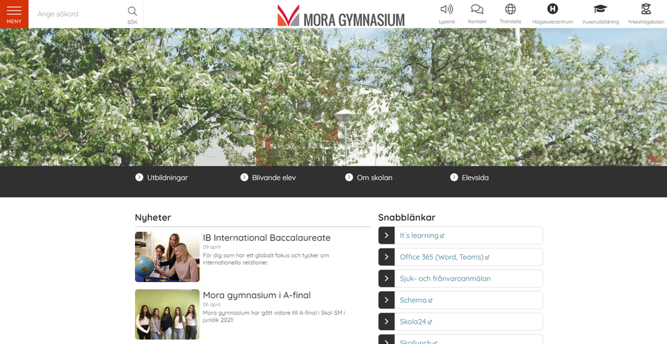 Skärmdump på Mora gymnasiums nya webbsida.