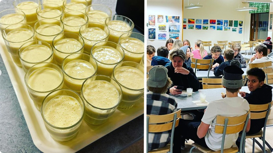 Elever på Morkarlbyhöjden äter av den skolfrukost som erbjuds under vårterminen 2023. Till vänster syns smoothies som eleverna erbjuds.