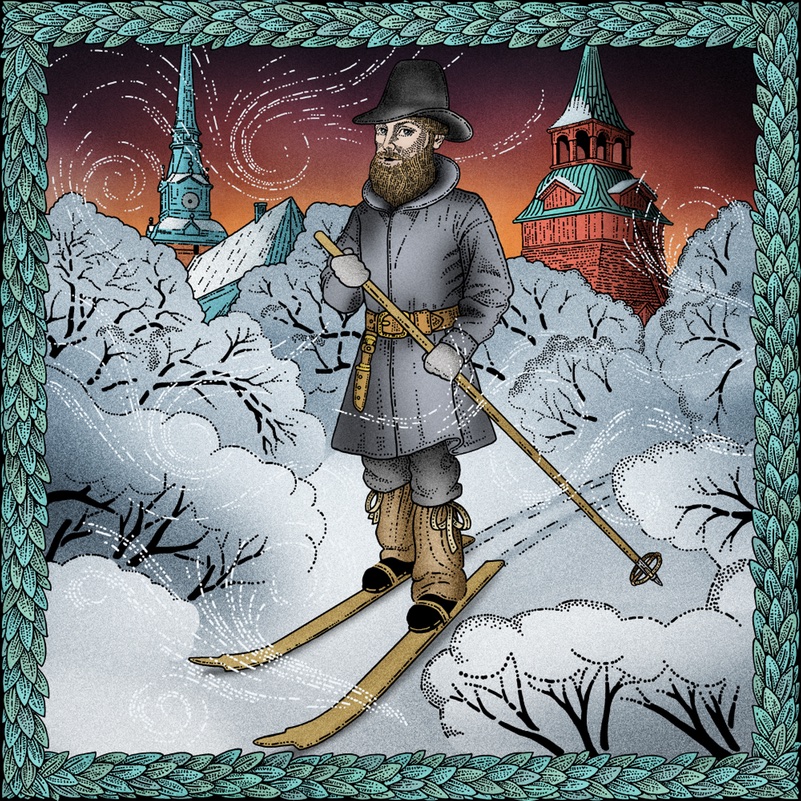 Gustav Vasa på skidor med Mora kyrka i bakgrunden, illustrerad av Lina Bodén.