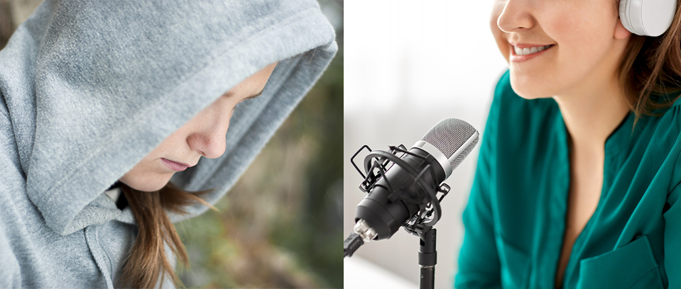 En bild på en ungdom och en bild på en kvinna som talar in i en mikrofon
