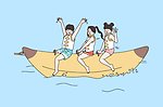 Illustration av tre barn som åker på en bananbåt