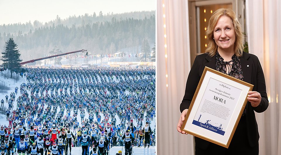Montage av två bilder. Tusentals längdskidåkare. Kvinna står med diplom.