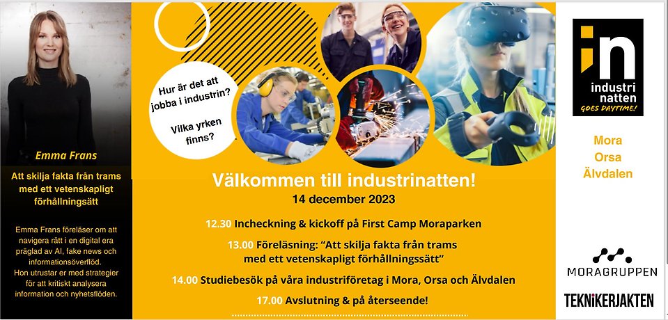 Inbjudan till industrinatten den 14 december 2023 med föreläsningar och studiebesök på industriföretag i Mora, Orsa och Älvdalen