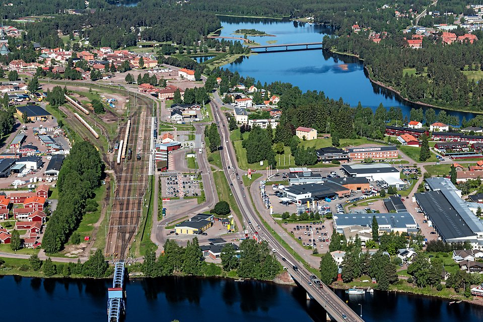 Flygbild över Noretbron sommaren 2017. Foto: Bergslagsbild AB