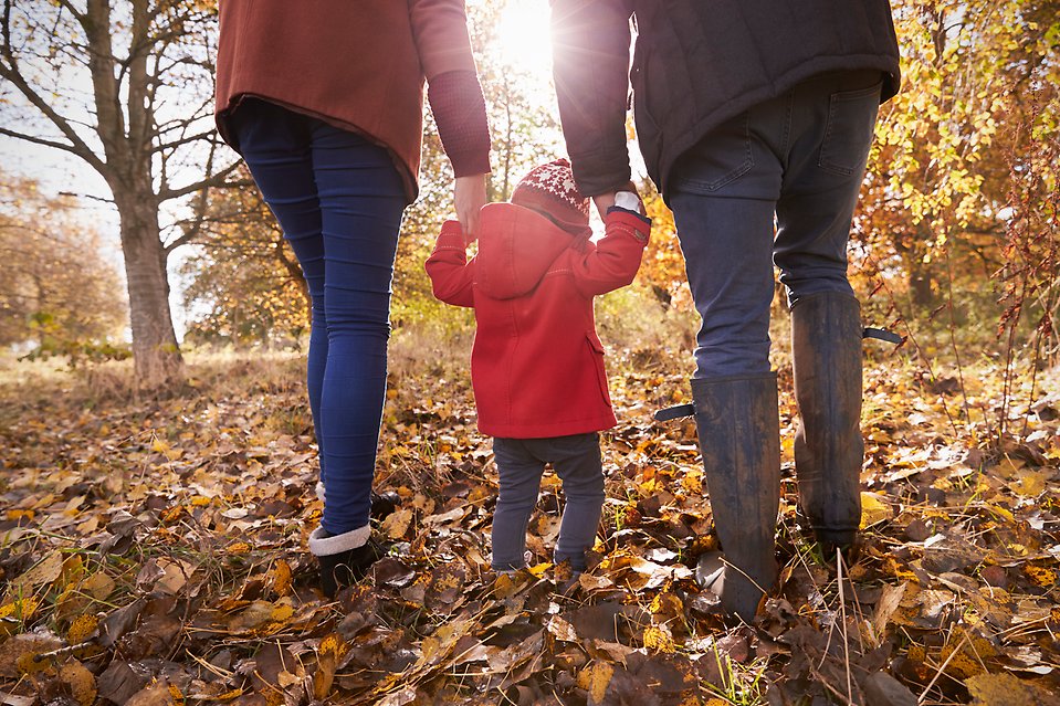 Två föräldrar med ett litet barn emellan sig på höstpromenad med gula löv på marken